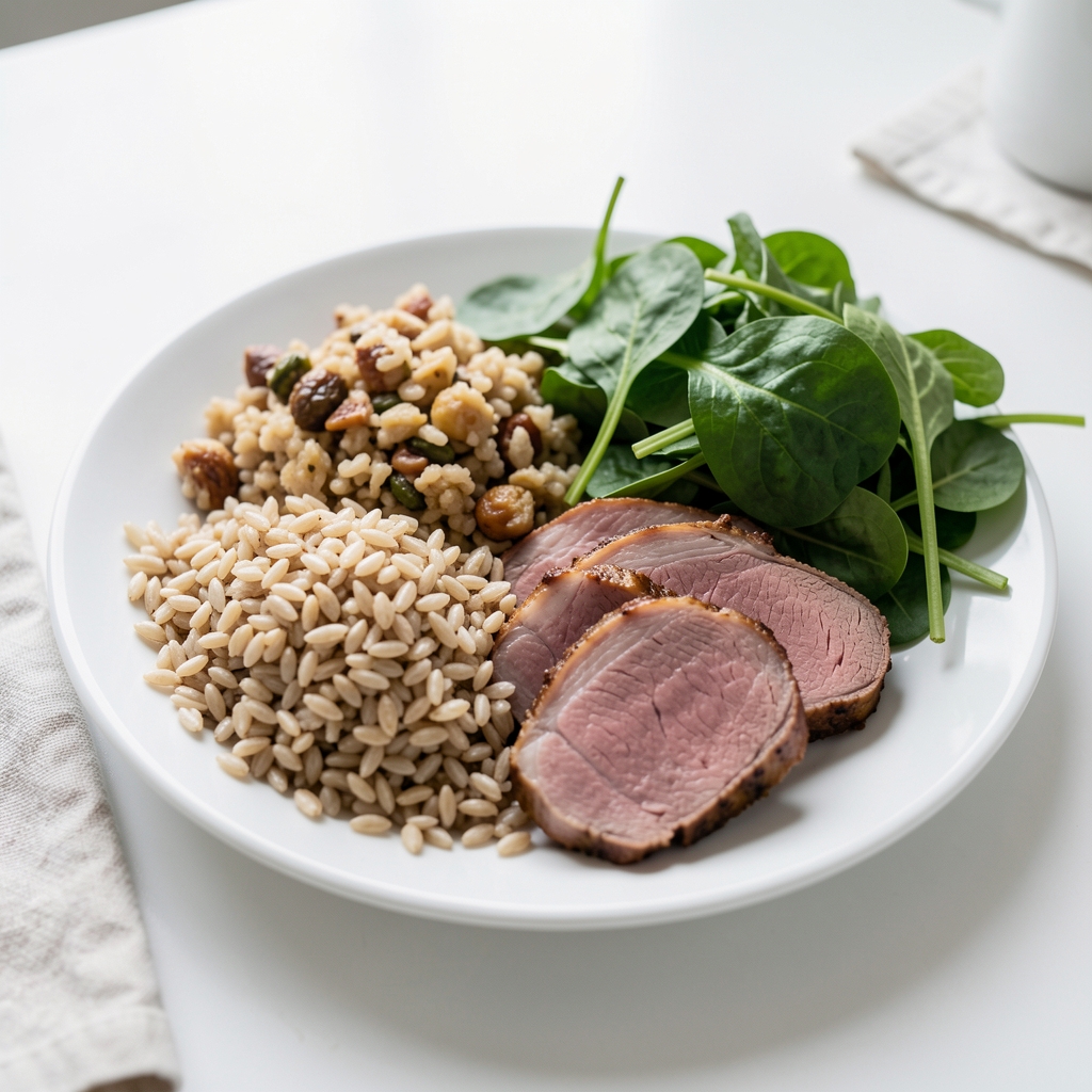 Close-up of a nutritious balanced meal laid out on a white table with whole grains, lean protein, and fresh greens