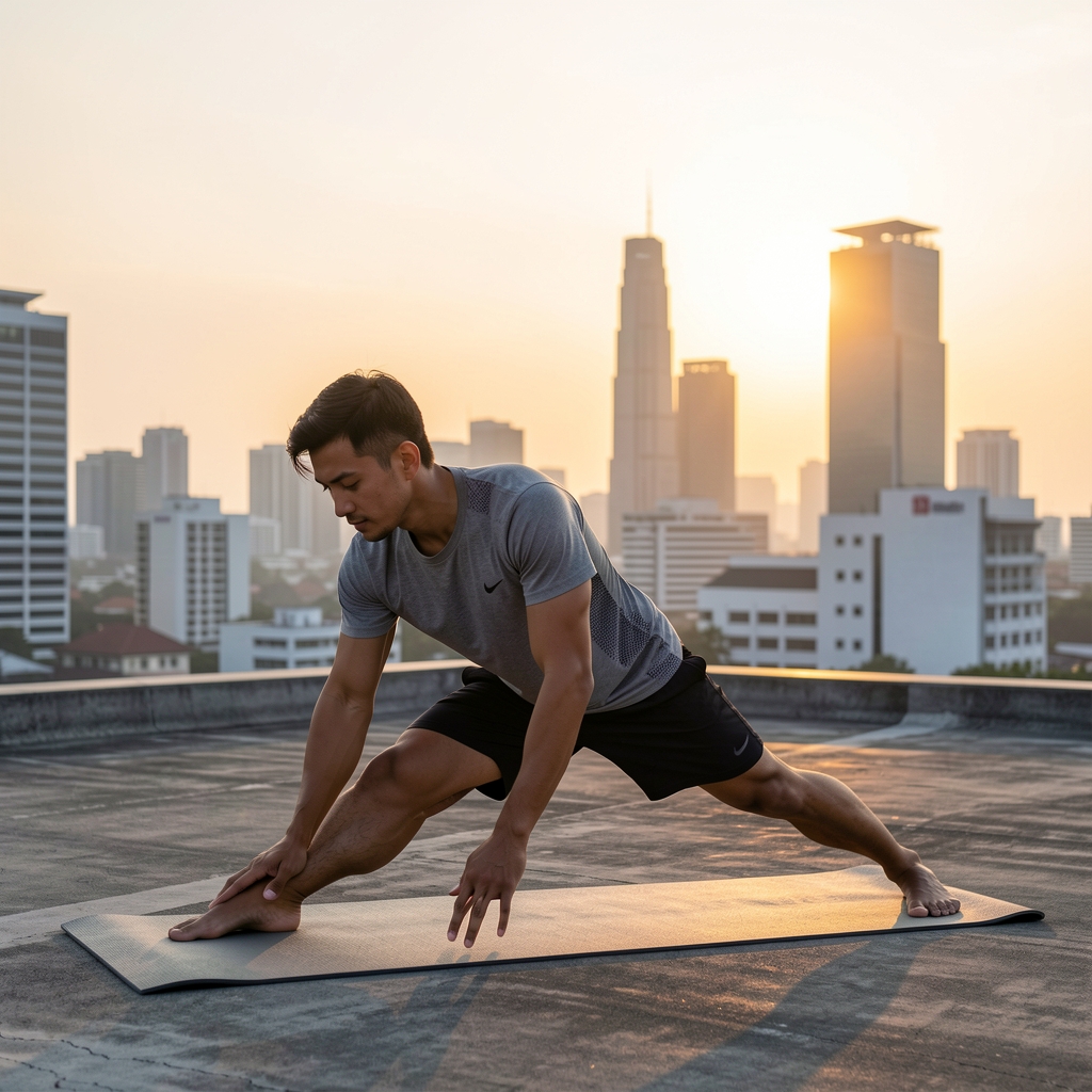 Man in athletic clothing stretching on a rooftop at sunrise in Jakarta, morning wellness routine