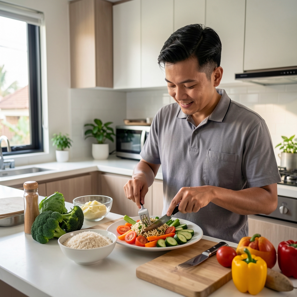Man preparing a balanced meal with whole grains and fresh vegetables in a modern Jakarta kitchen