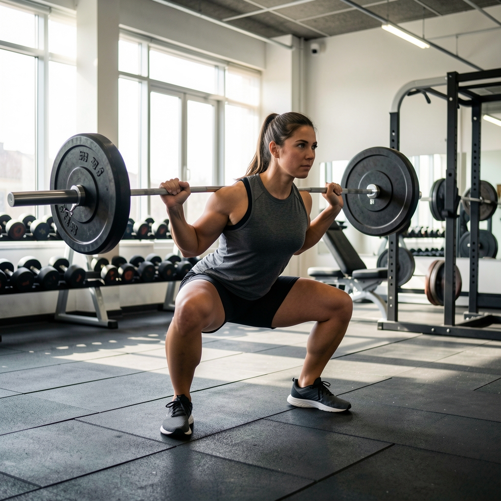 Athlete performing a barbell back squat in a well-equipped gym with natural light, strength training session