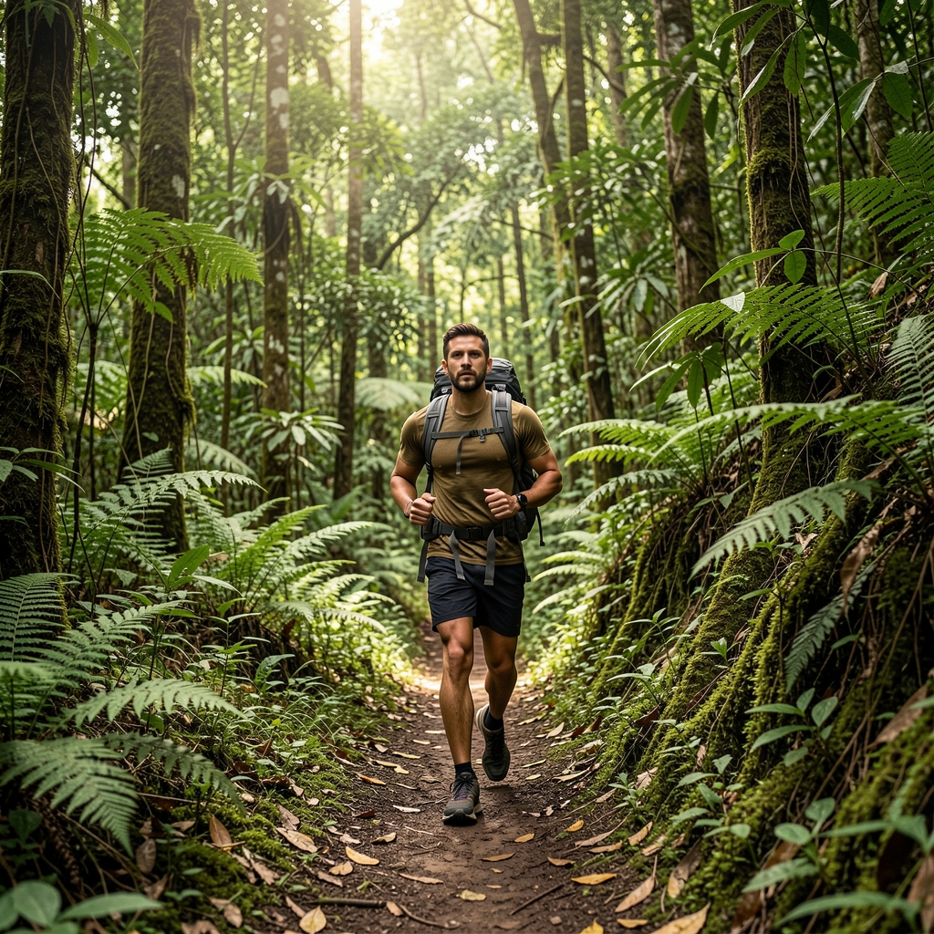 Man on a weekend trail hike in lush green Javanese forest terrain, active lifestyle weekend outdoor fitness